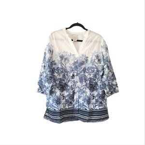 M COLLECTION White & Blue Floral V Neck Quarter Sleeve Lightweight Cotton Blouse